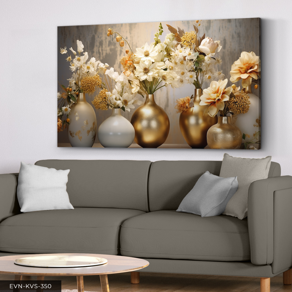 Gold Vazoda Çiçekler Tek Parça Kanvas - Canvas Tablo 140 x 90 CM - Çok Renkli