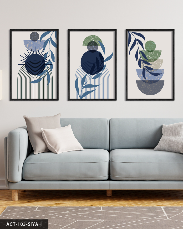 Minimalist Boho Tarzı Yaprak 3 Parça Ahşap Çerçeveli Tablo ACT Siyah - 30 x 40 CM