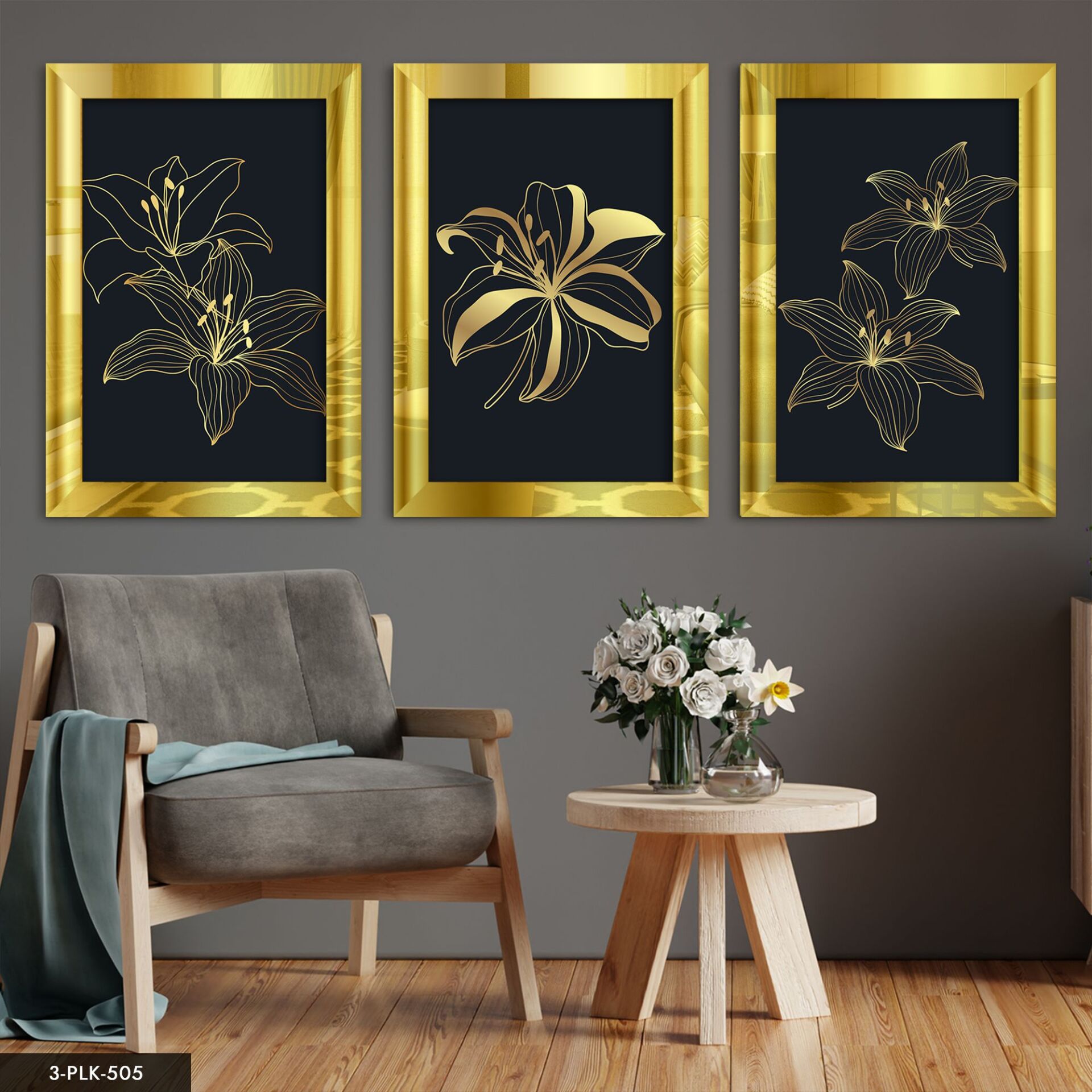 Çizim Çiçek 3 Parça Pleksi Aynalı Tablo 60 x 80 CM - Gold