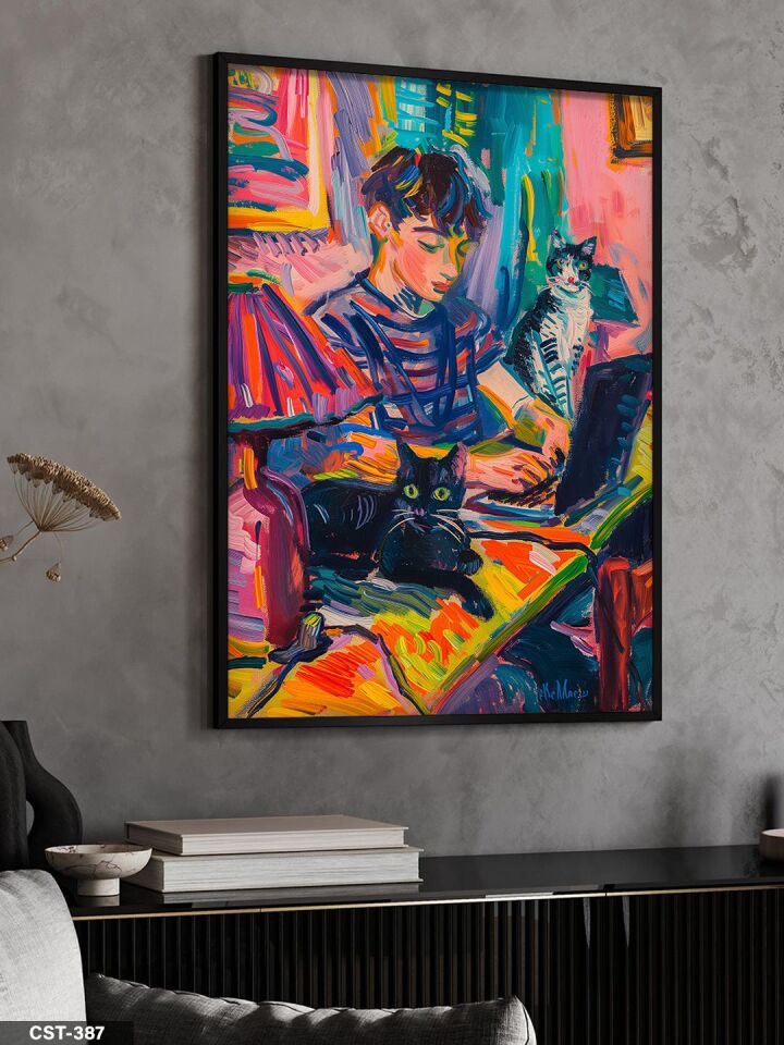 Kedili Çalışma Tek Parça Ahşap Çerçeveli Tablo Siyah - 30 x 40 CM