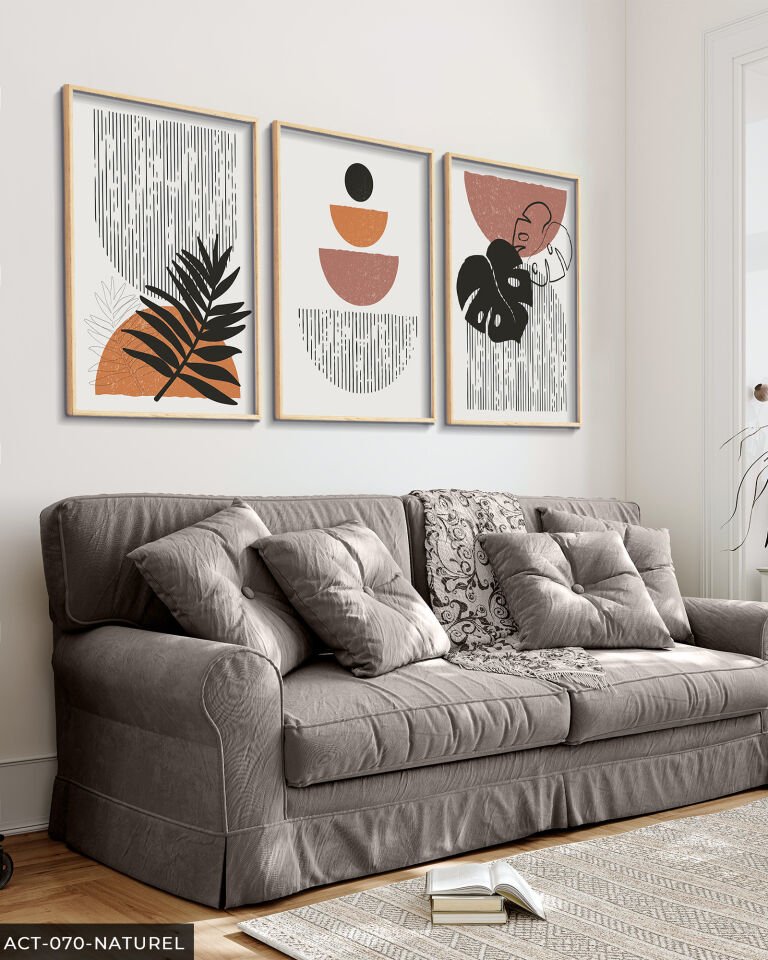 Soyut Yaprak Çiçekler 3 Parça Ahşap Çerçeveli Tablo Naturel - 20 x 30 CM