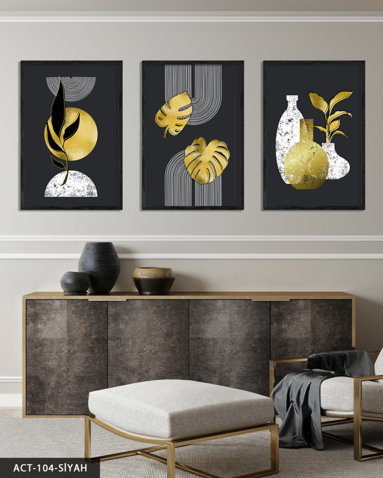 Boho Tarzı Gold Detaylı Yaprak 3 Parça Ahşap Çerçeveli Tablo ACT Siyah - 30 x 40 CM