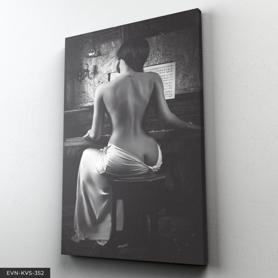Piyano Çalan Kadın Sırt Dekolteli Tek Parça Kanvas - Canvas Tablo 140 x 90 CM - Çok Renkli