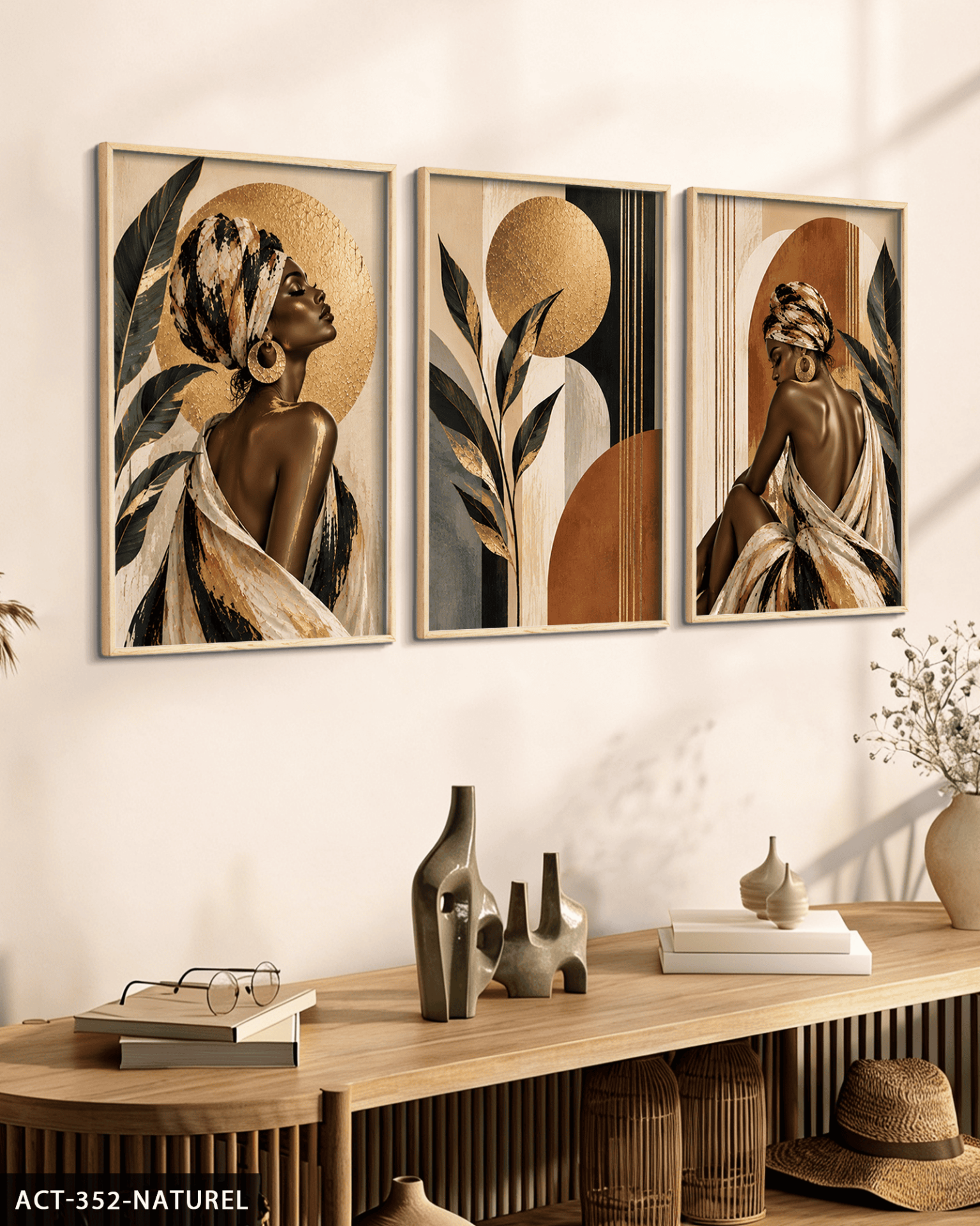 Gold Işıltılı Yaprak ve Afrikalı Kadın 3 Parça Ahşap Çerçeveli Tablo ACT Naturel - 30 x 40 CM