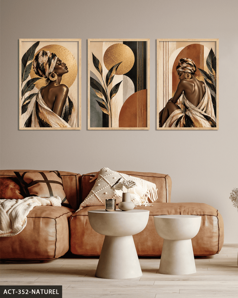 Gold Işıltılı Yaprak ve Afrikalı Kadın 3 Parça Ahşap Çerçeveli Tablo ACT Naturel - 30 x 40 CM