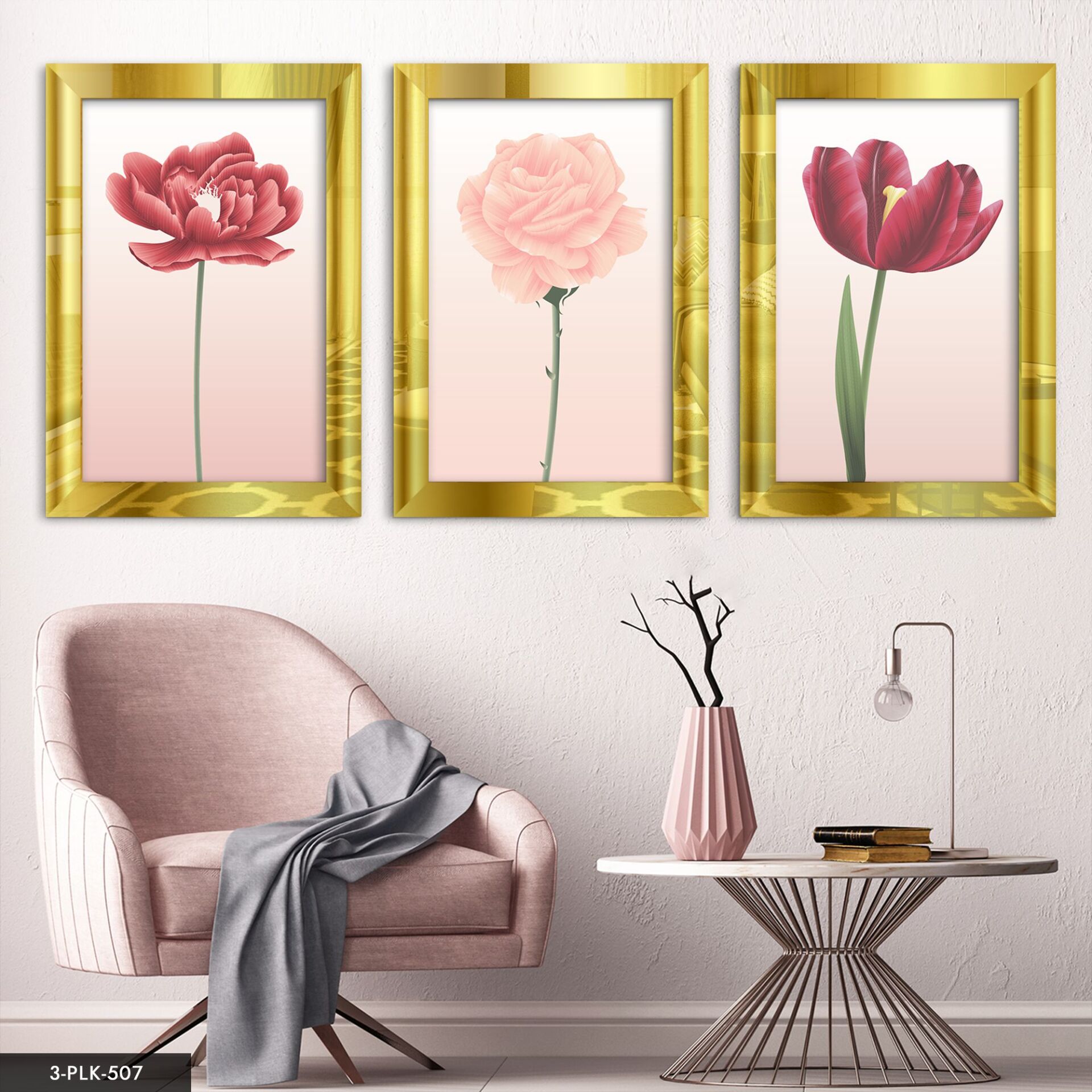 Çizim Çiçek 3 Parça Pleksi Aynalı Tablo 60 x 80 CM - Gold