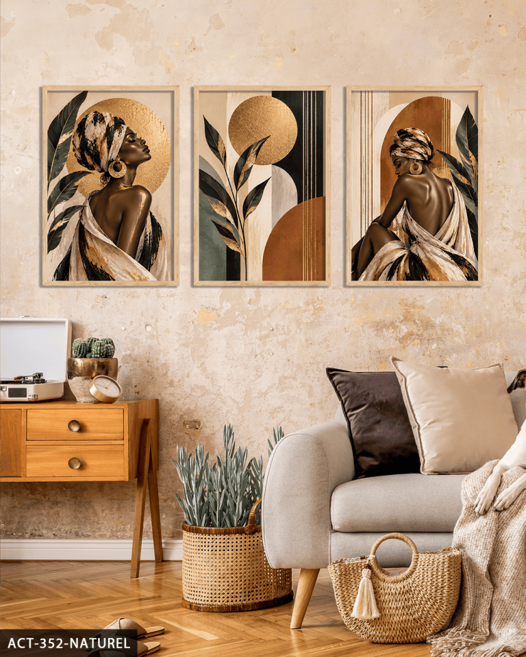 Gold Işıltılı Yaprak ve Afrikalı Kadın 3 Parça Ahşap Çerçeveli Tablo ACT Naturel - 40 x 60 CM