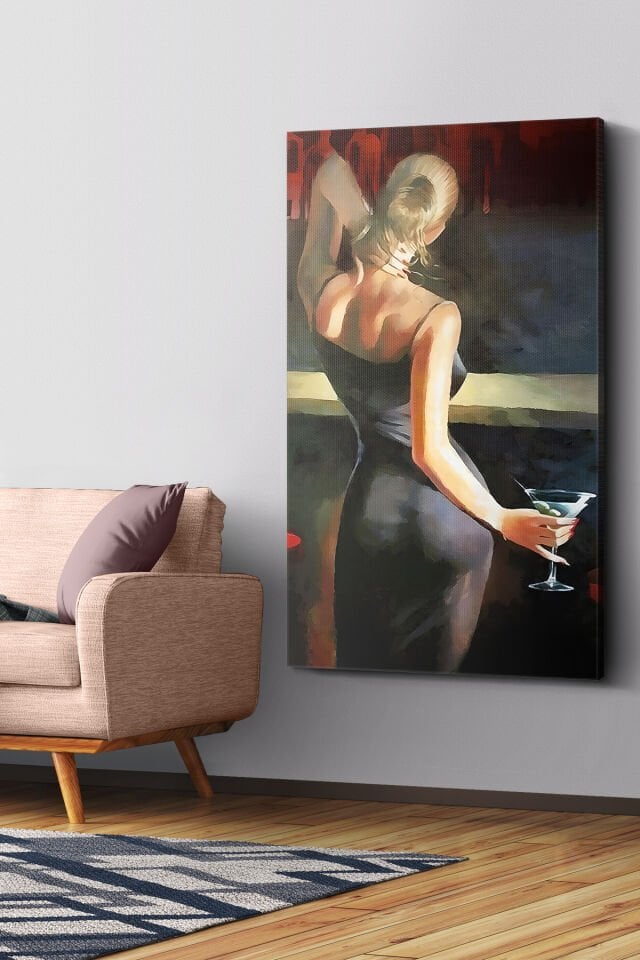 Barda Kadın Elinde Kokteyl Tek Parça Kanvas - Canvas Tablo 140 x 90 CM - Çok Renkli