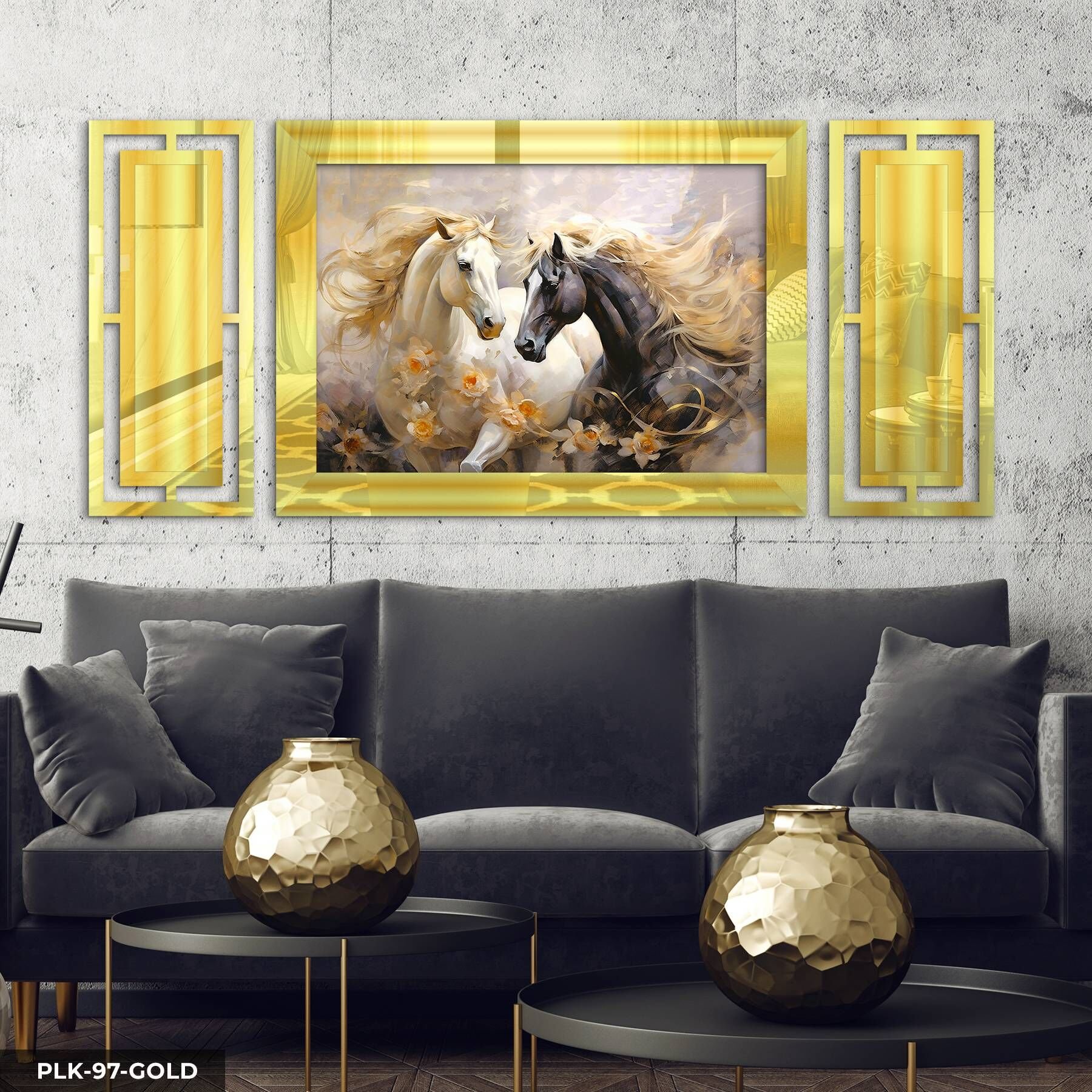 Asil Atlar Yan Dekorlu 3 Parça Pleksi Tablo DKRPLK 130 x 25 CM - Gold