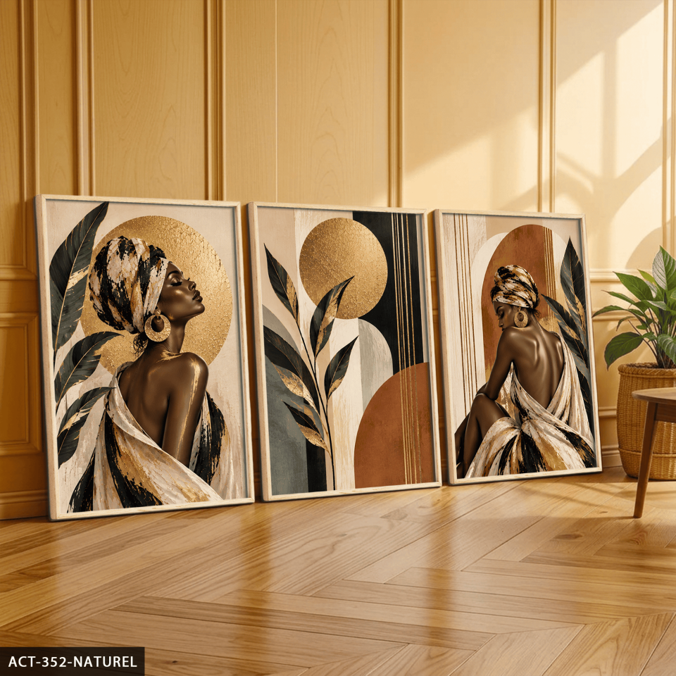 Gold Işıltılı Yaprak ve Afrikalı Kadın 3 Parça Ahşap Çerçeveli Tablo ACT Naturel - 50 x 70 CM