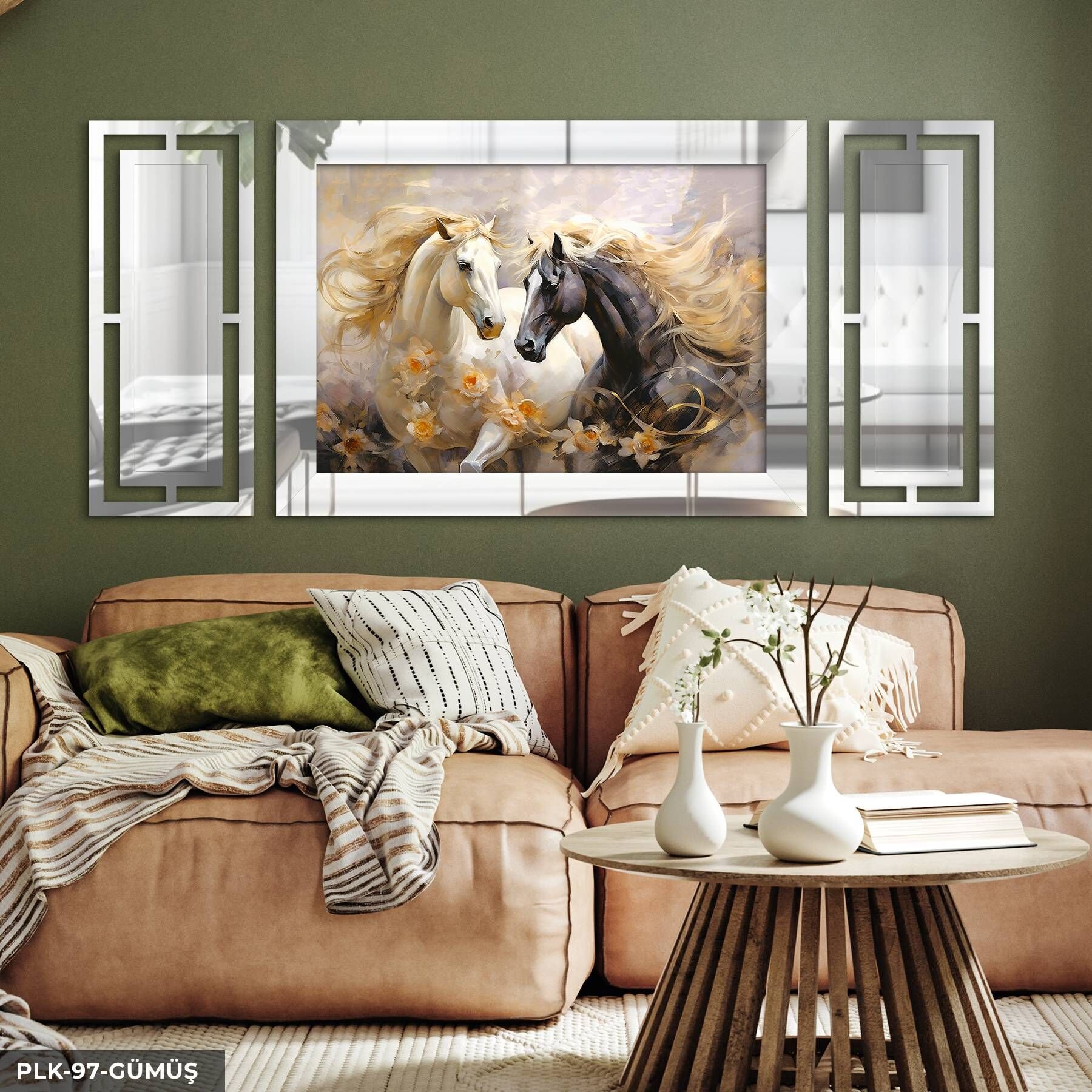 Asil Atlar Yan Dekorlu 3 Parça Pleksi Tablo DKRPLK 130 x 25 CM - Gümüş