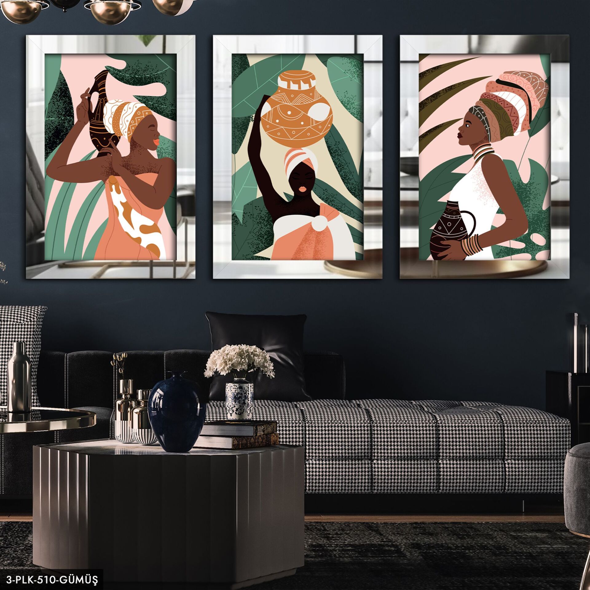 Afrikalı Kadınlar 3 Parça Pleksi Aynalı Tablo 60 x 80 CM - Gümüş