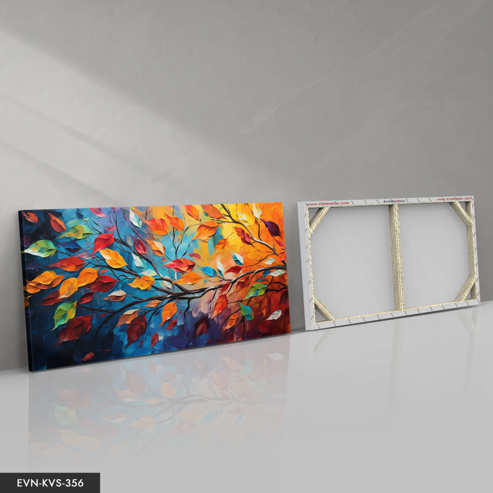 Modern Renkli Çiçek ve Yaprak Kompozisyonu  Tek Parça Kanvas - Canvas Tablo 140 x 90 CM - Çok Renkli