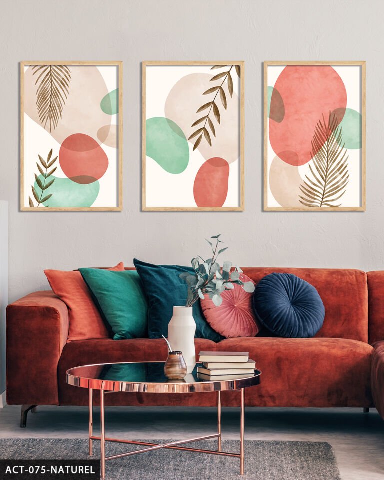 Renkli Soyut Desen 3 Parça Ahşap Çerçeveli Tablo Naturel - 20 x 30 CM