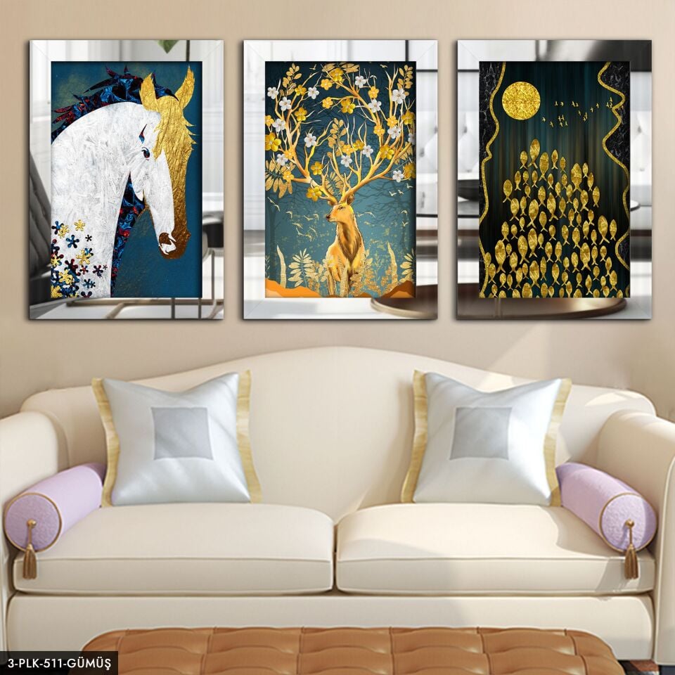 Altın At Balık Kelebek 3 Parça Pleksi Aynalı Tablo 60 x 80 CM - Gümüş