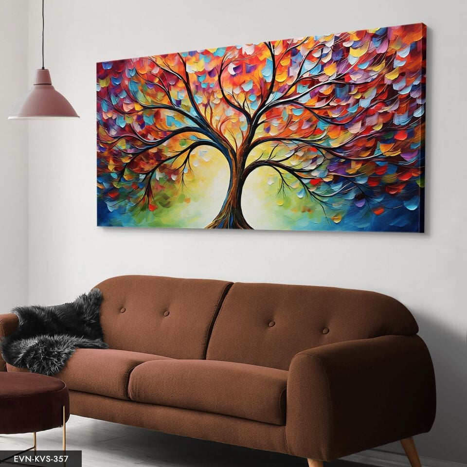 Renkli Soyut Sanat Modern Çiçek ve Yaprak Kompozisyonu Tek Parça Kanvas - Canvas Tablo