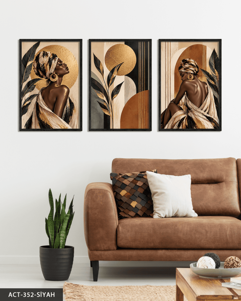Gold Işıltılı Yaprak ve Afrikalı Kadın 3 Parça Ahşap Çerçeveli Tablo ACT Siyah - 50 x 70 CM