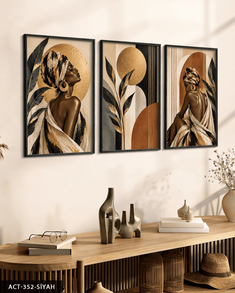 Gold Işıltılı Yaprak ve Afrikalı Kadın 3 Parça Ahşap Çerçeveli Tablo ACT Siyah - 50 x 70 CM