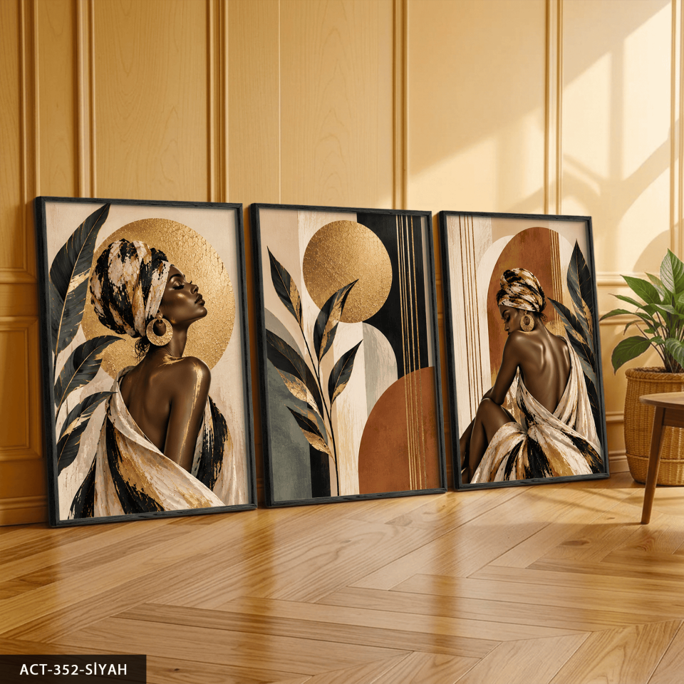 Gold Işıltılı Yaprak ve Afrikalı Kadın 3 Parça Ahşap Çerçeveli Tablo ACT Siyah - 50 x 70 CM