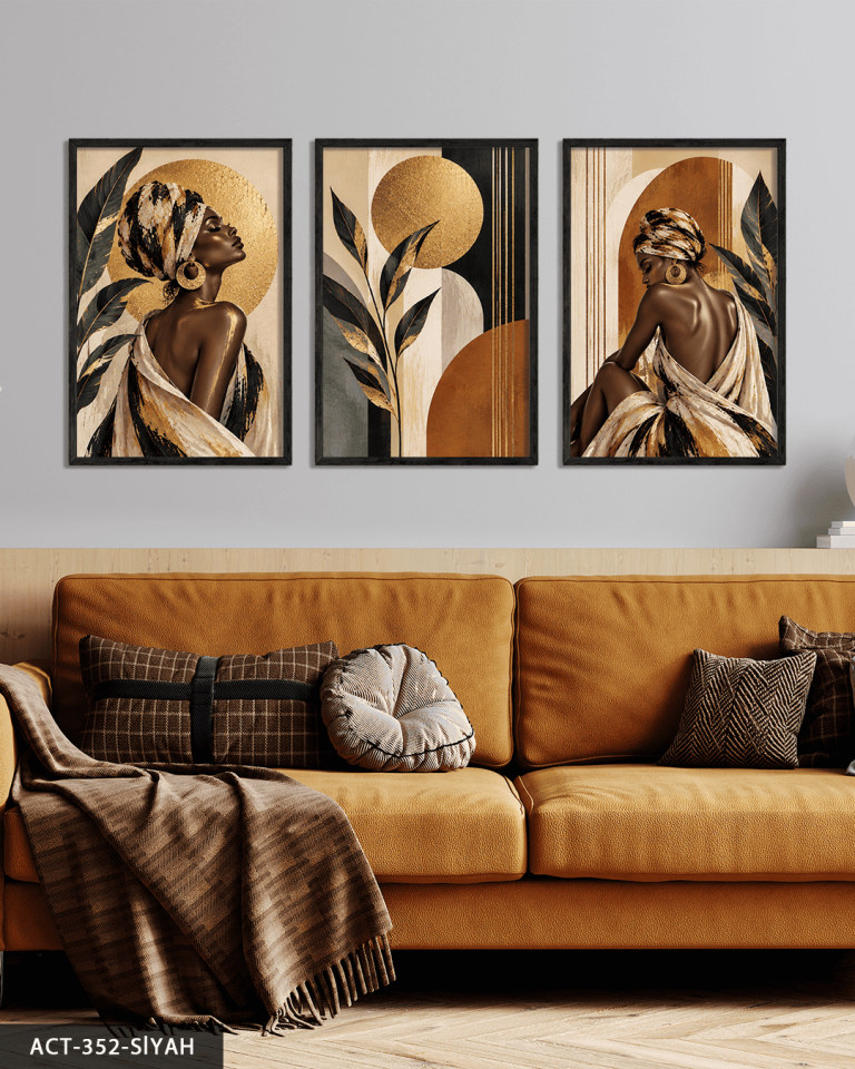 Gold Işıltılı Yaprak ve Afrikalı Kadın 3 Parça Ahşap Çerçeveli Tablo ACT Siyah - 50 x 70 CM