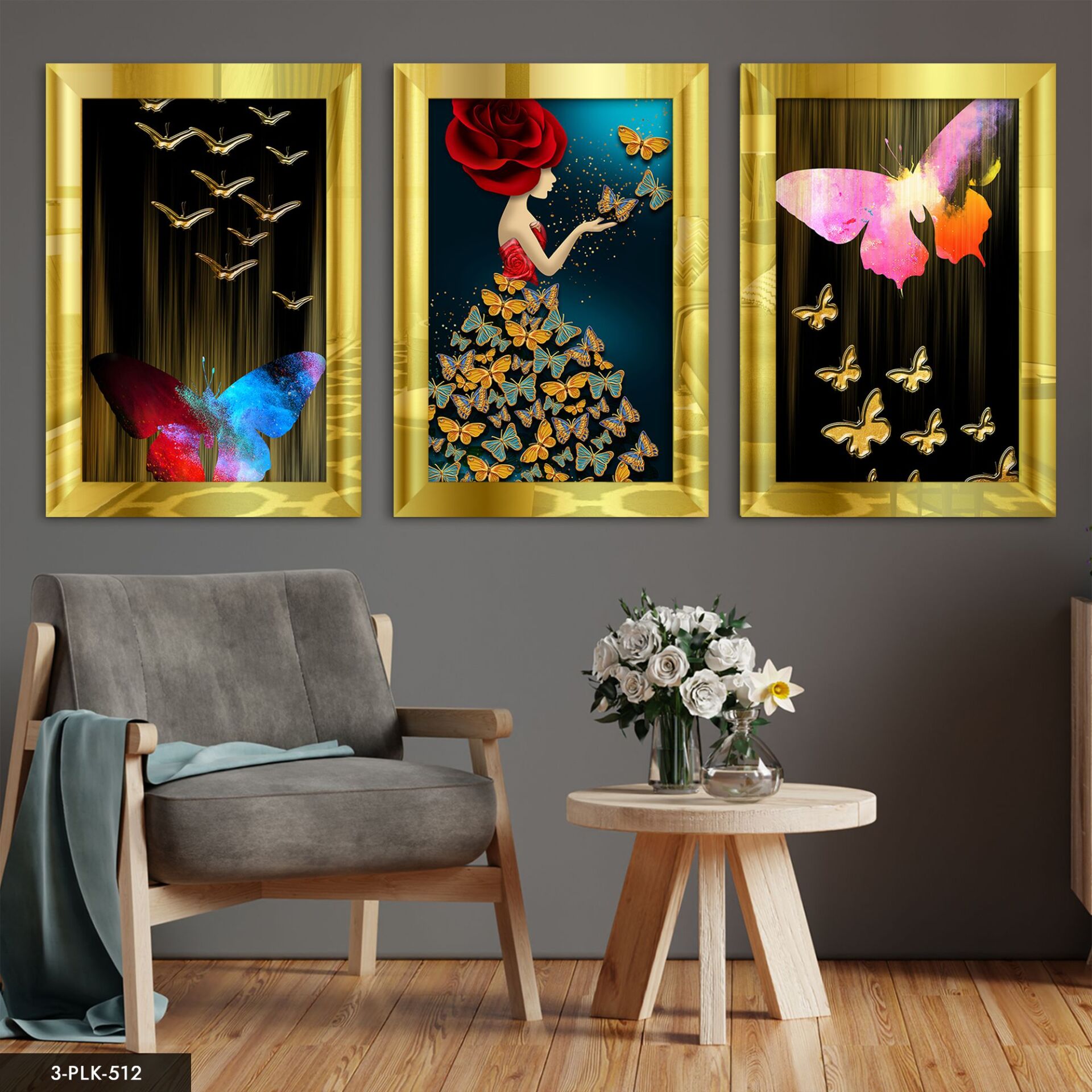 Kelebek Kadın 3 Parça Pleksi Aynalı Tablo 60 x 80 CM - Gold