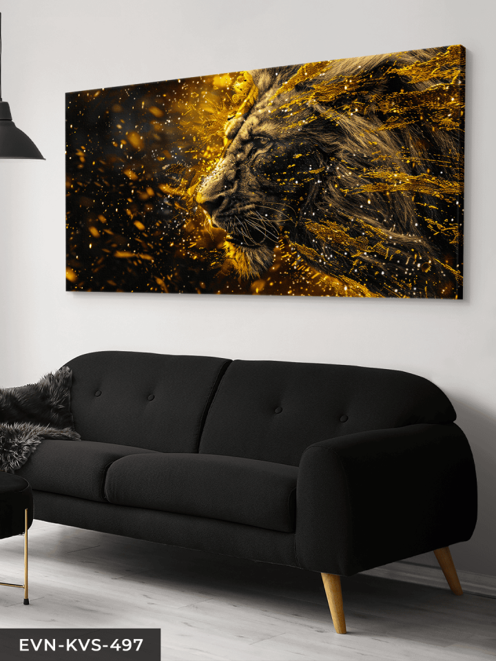 Gold Detaylı Aslan Tek Parça Kanvas - Canvas Tablo 65 x 45 CM - Çok Renkli