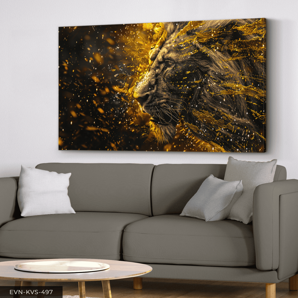 Gold Detaylı Aslan Tek Parça Kanvas - Canvas Tablo 65 x 45 CM - Çok Renkli