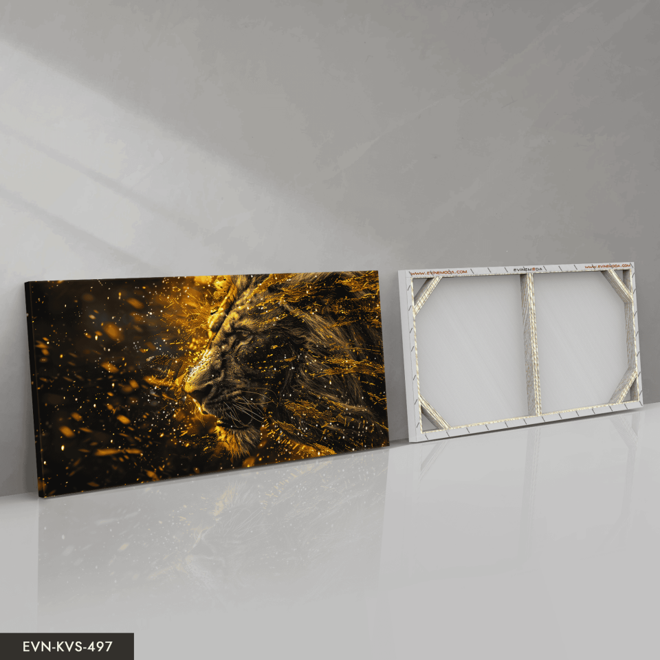 Gold Detaylı Aslan Tek Parça Kanvas - Canvas Tablo 65 x 45 CM - Çok Renkli