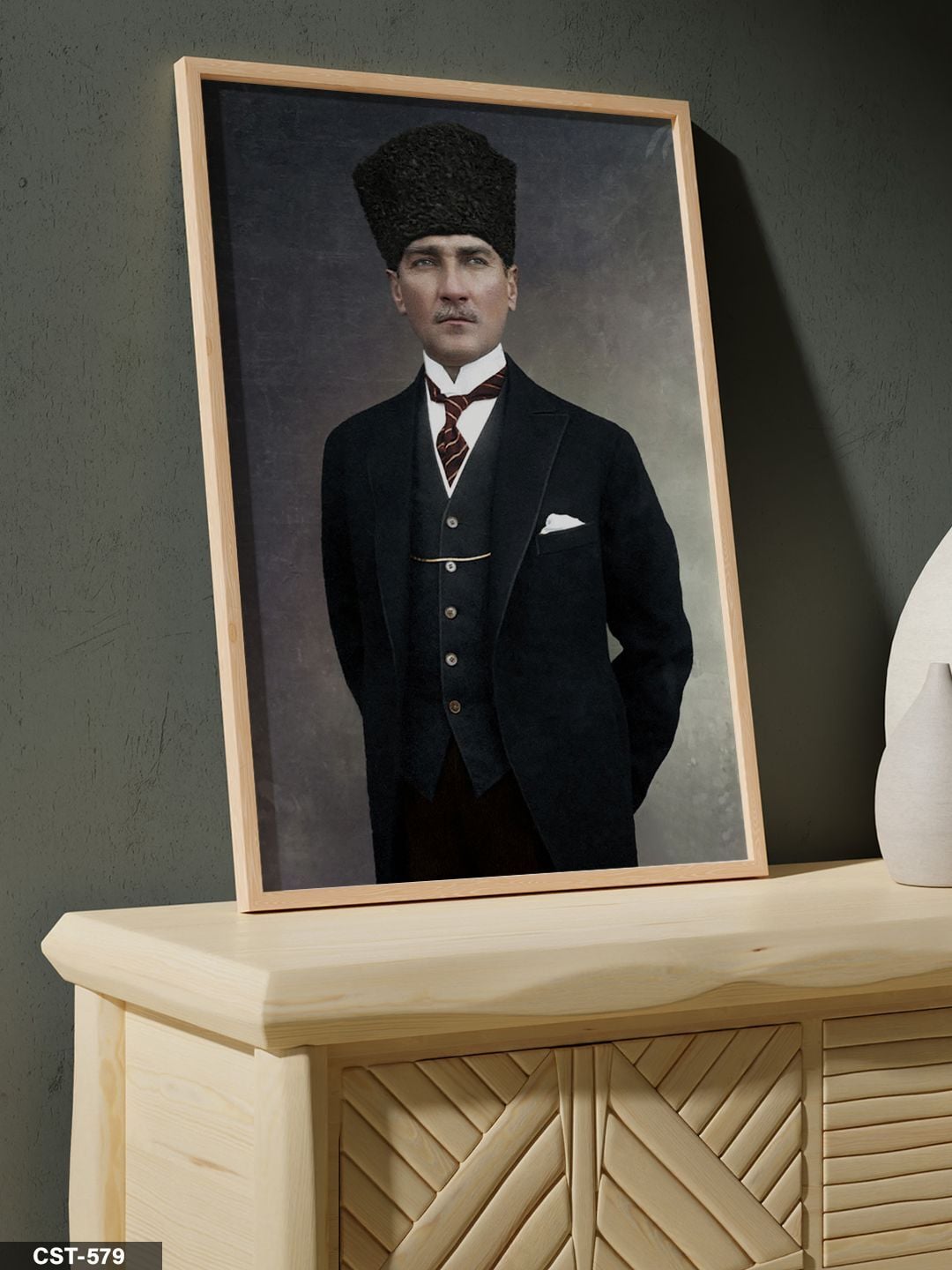 Mustafa Kemal Atatürk Tek Parça Ahşap Çerçeveli Tablo Naturel - 50 x 70 CM