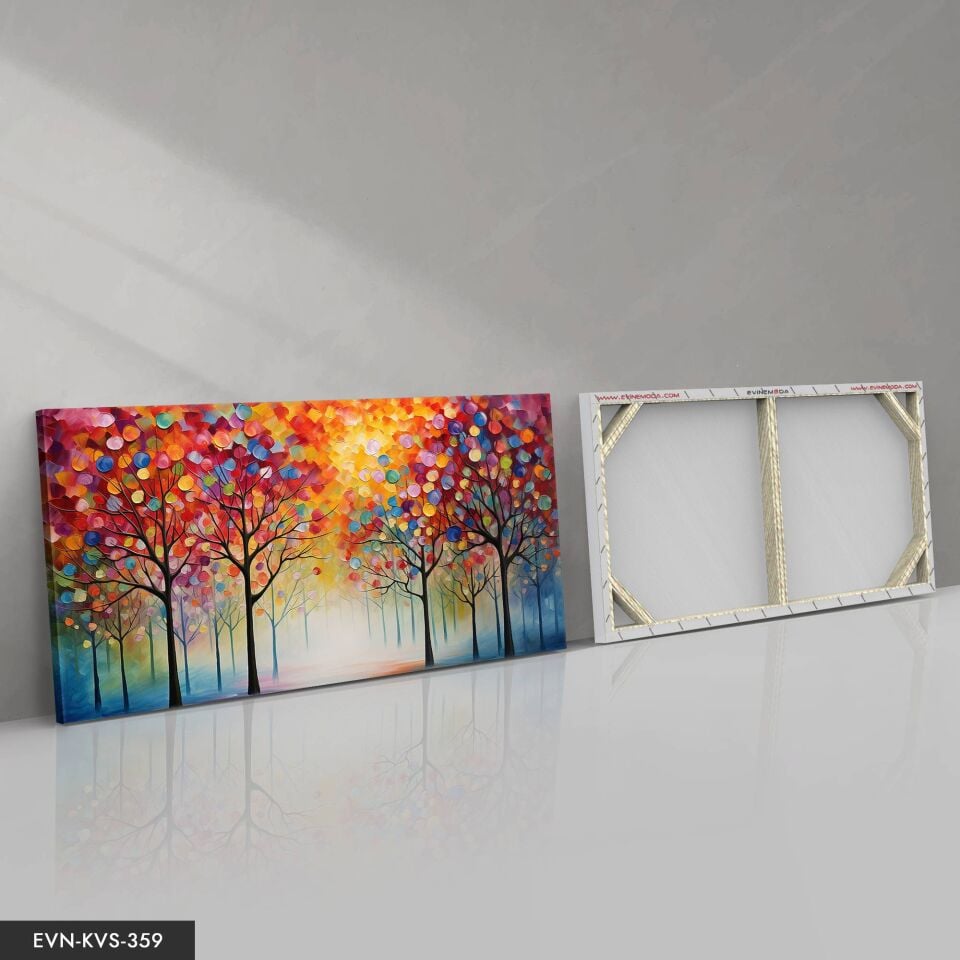 Renkli Soyut Sanat Modern Çiçek ve Yaprak Kompozisyonu Tek Parça Kanvas - Canvas Tablo