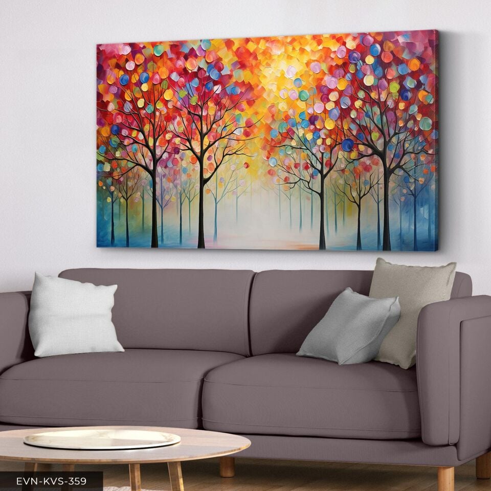 Renkli Soyut Sanat Modern Çiçek ve Yaprak Kompozisyonu Tek Parça Kanvas - Canvas Tablo