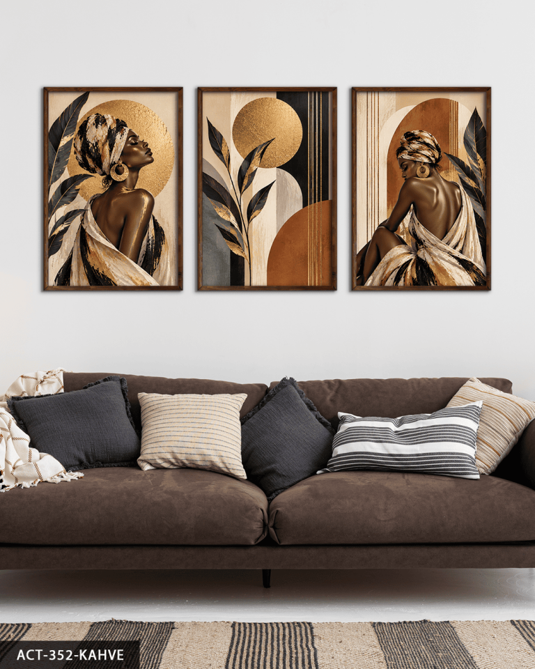 Gold Işıltılı Yaprak ve Afrikalı Kadın 3 Parça Ahşap Çerçeveli Tablo ACT Kahverengi - 30 x 40 CM