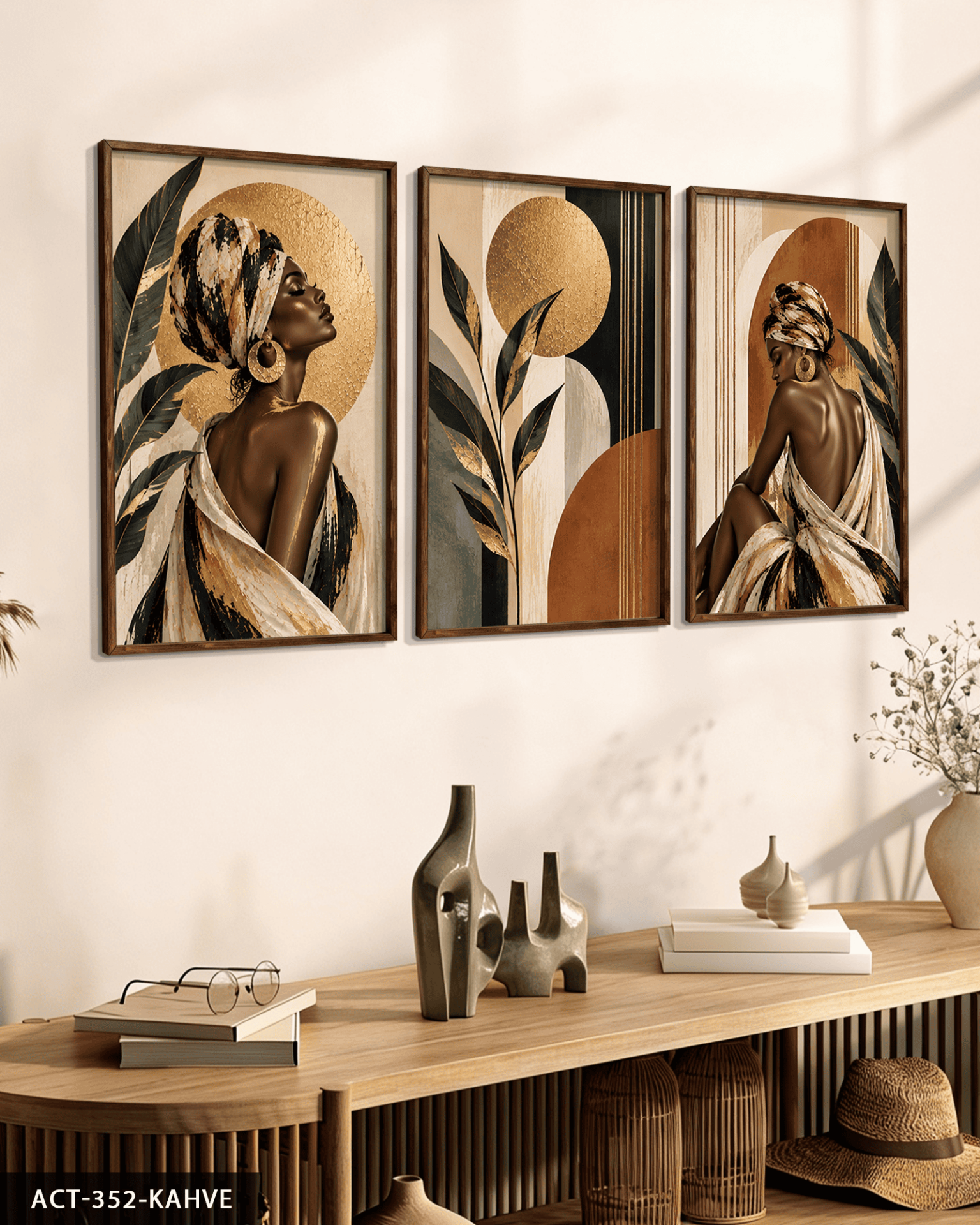 Gold Işıltılı Yaprak ve Afrikalı Kadın 3 Parça Ahşap Çerçeveli Tablo ACT Kahverengi - 30 x 40 CM