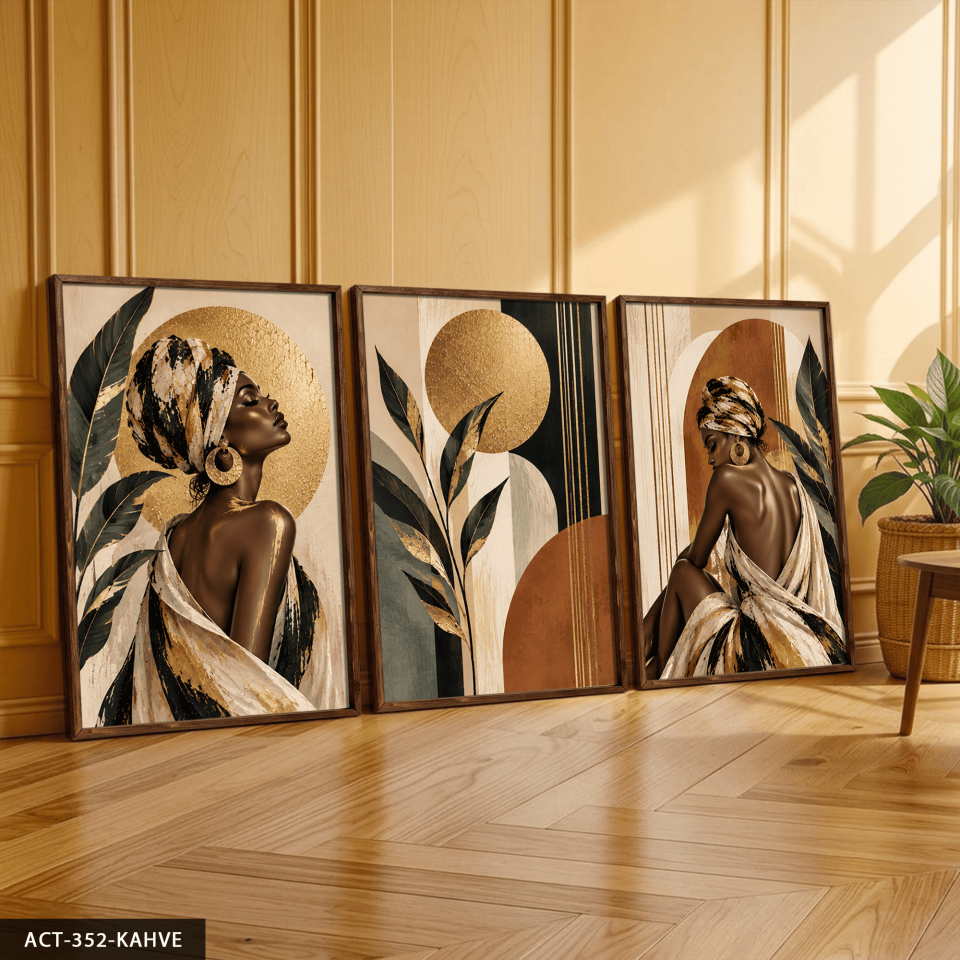 Gold Işıltılı Yaprak ve Afrikalı Kadın 3 Parça Ahşap Çerçeveli Tablo ACT Kahverengi - 30 x 40 CM