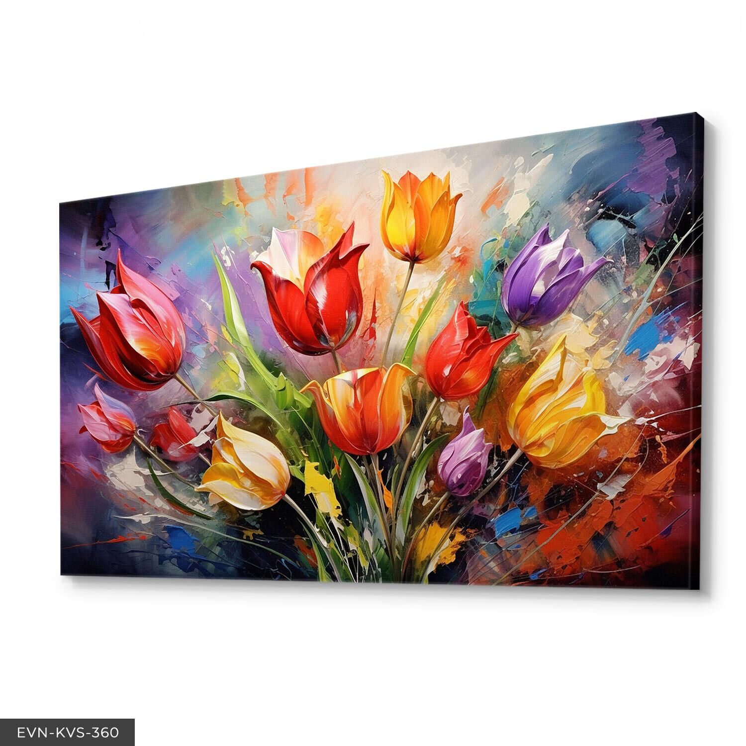 Renklerin Dansı Canlı Lale Çiçekleri ile Soyut Sanat Tek Parça Kanvas - Canvas Tablo 40 x 30 CM - Çok Renkli