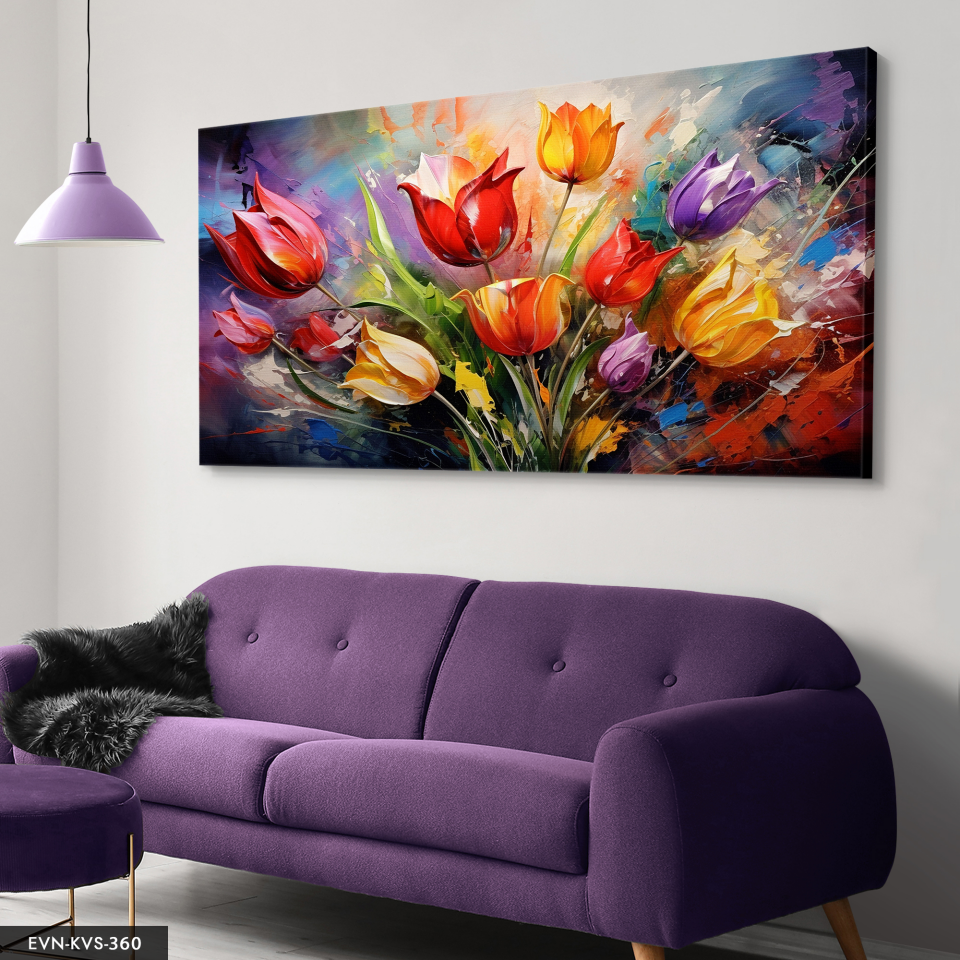 Renklerin Dansı Canlı Lale Çiçekleri ile Soyut Sanat Tek Parça Kanvas - Canvas Tablo 140 x 90 CM - Çok Renkli