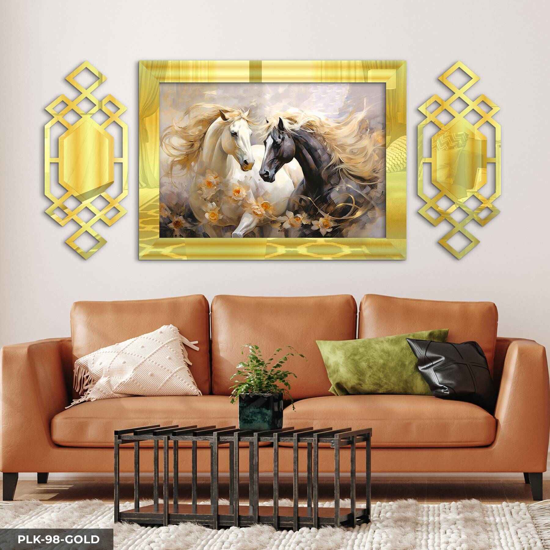 Asil Atlar Yan Dekorlu 3 Parça Pleksi Tablo DKRPLK 130 x 25 CM - Gold