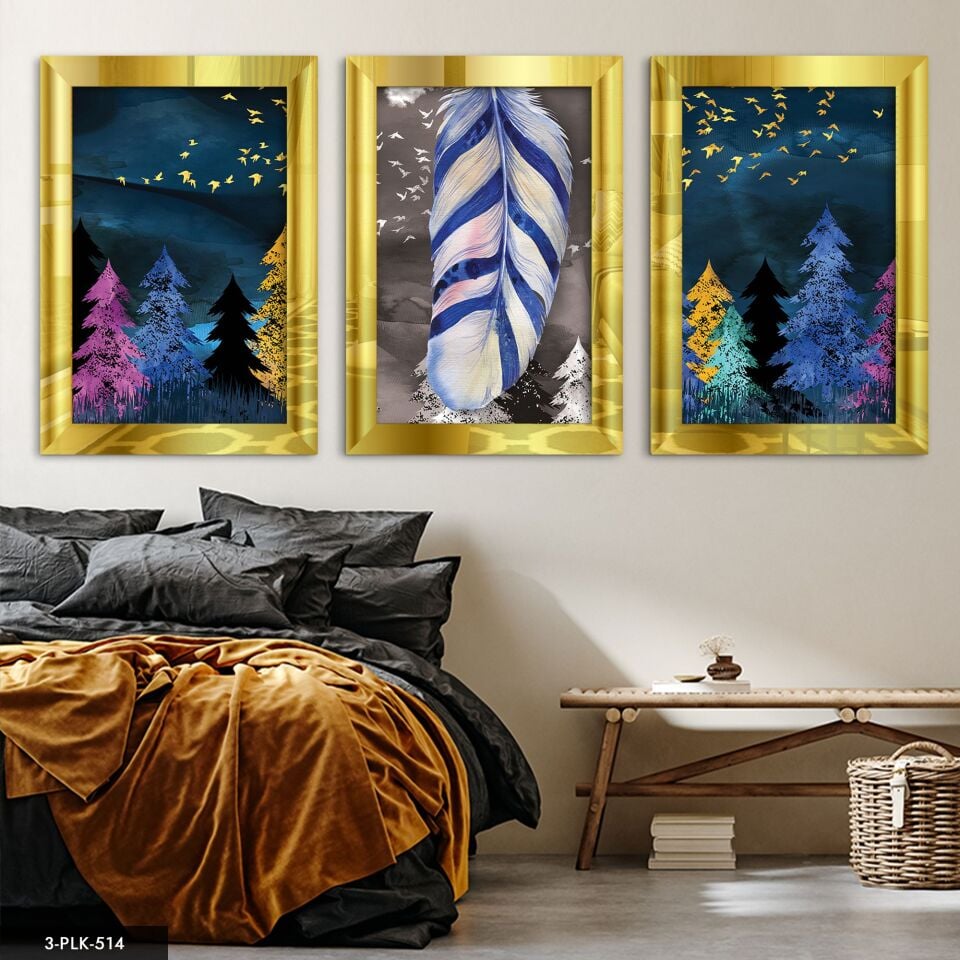 Soyut Doğa 3 Parça Pleksi Aynalı Tablo 60 x 80 CM - Gold