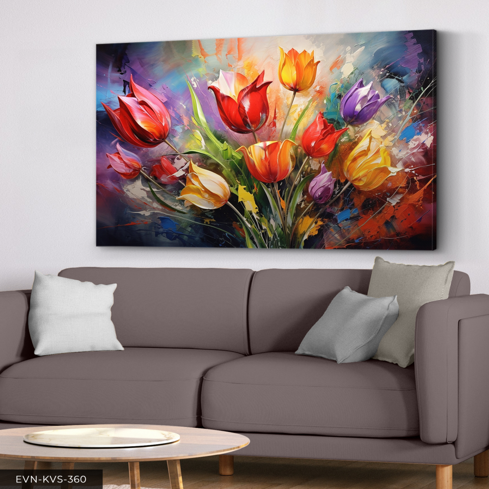 Renklerin Dansı Canlı Lale Çiçekleri ile Soyut Sanat Tek Parça Kanvas - Canvas Tablo 140 x 90 CM - Çok Renkli