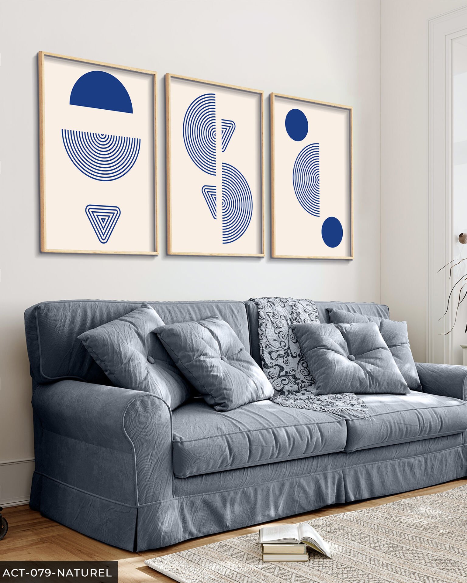 Mavi Soyut Desen 3 Parça Ahşap Çerçeveli Tablo Naturel - 20 x 30 CM