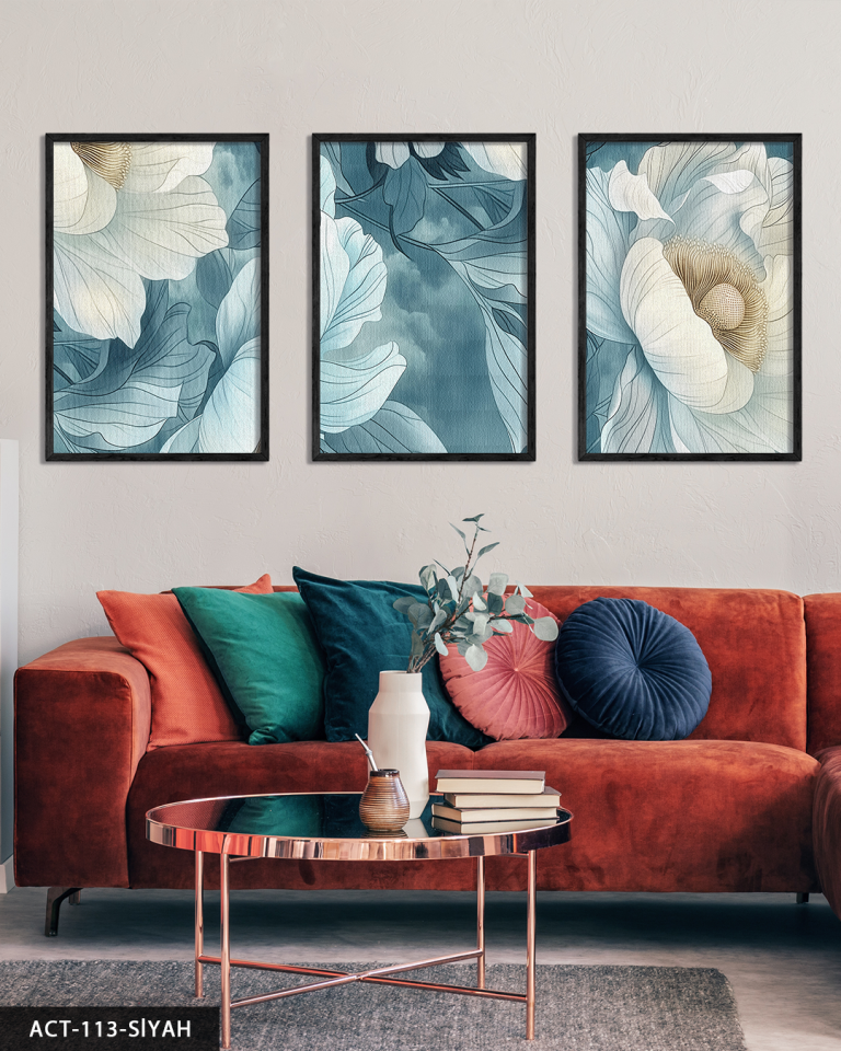 Mavi Zeminde Beyaz Çiçek 3 Parça Ahşap Çerçeveli Tablo ACT Siyah - 30 x 40 CM