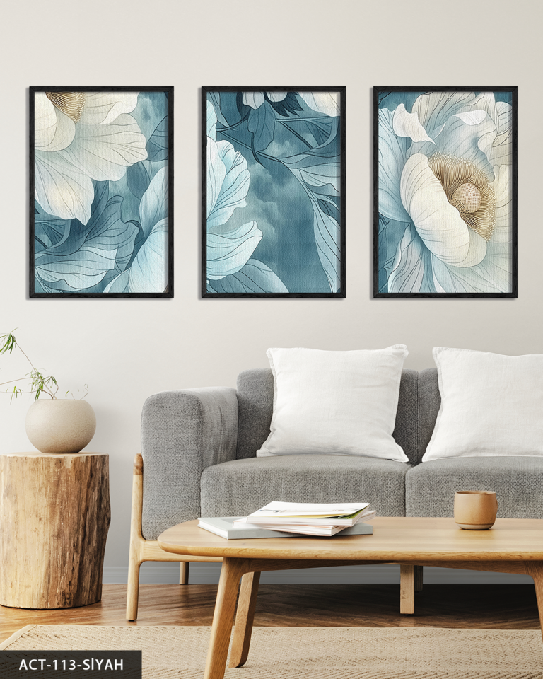 Mavi Zeminde Beyaz Çiçek 3 Parça Ahşap Çerçeveli Tablo ACT Siyah - 30 x 40 CM