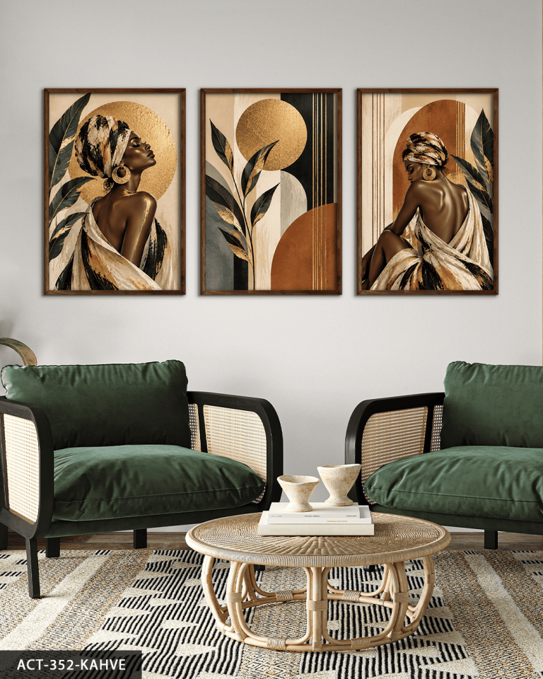 Gold Işıltılı Yaprak ve Afrikalı Kadın 3 Parça Ahşap Çerçeveli Tablo ACT Kahverengi - 40 x 60 CM