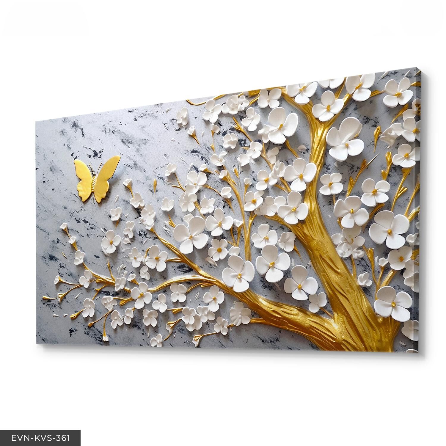 Beyaz Çiçekler Gold Ağaç Kelebek Detay Tek Parça Kanvas - Canvas Tablo 40 x 30 CM - Çok Renkli