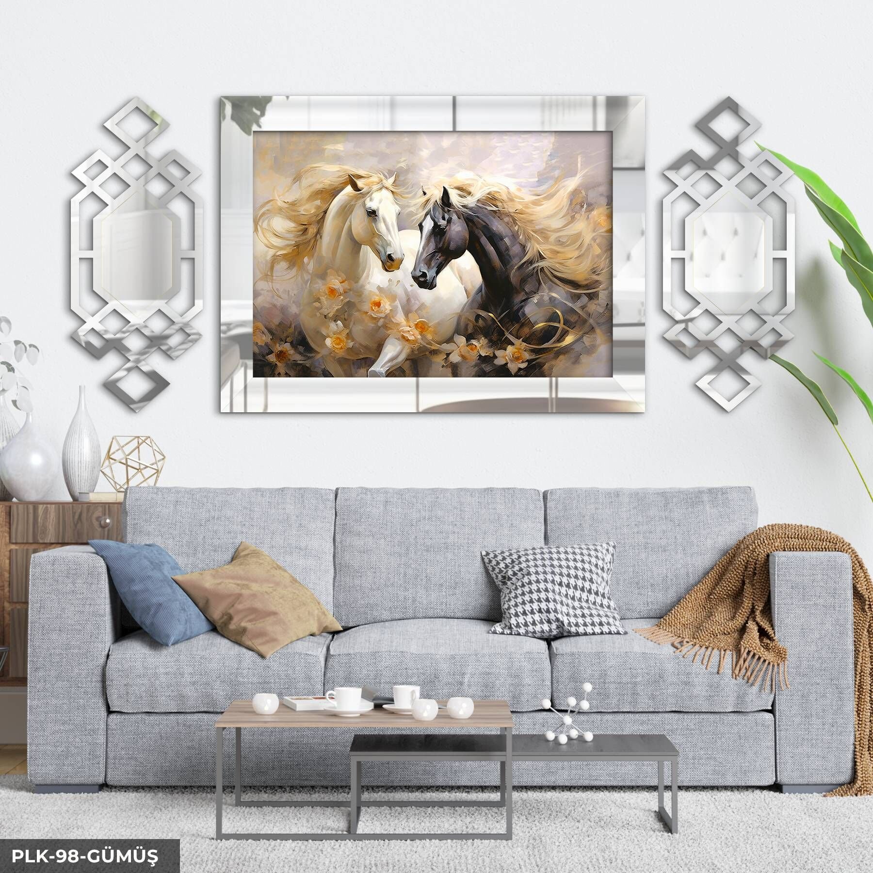 Asil Atlar Yan Dekorlu 3 Parça Pleksi Tablo DKRPLK 130 x 25 CM - Gümüş