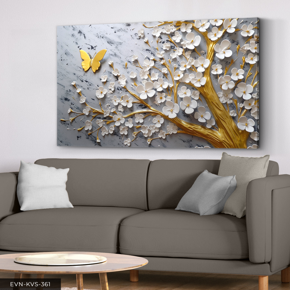 Beyaz Çiçekler Gold Ağaç Kelebek Detay Tek Parça Kanvas - Canvas Tablo 140 x 90 CM - Çok Renkli