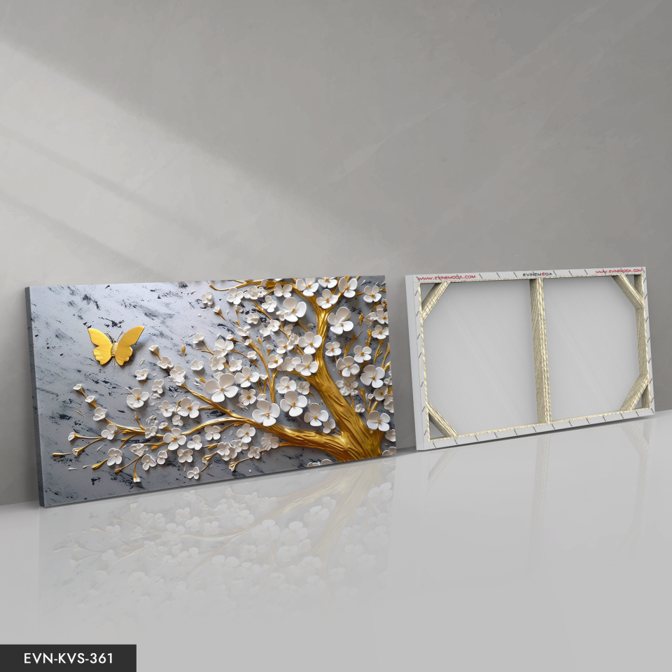 Beyaz Çiçekler Gold Ağaç Kelebek Detay Tek Parça Kanvas - Canvas Tablo 140 x 90 CM - Çok Renkli