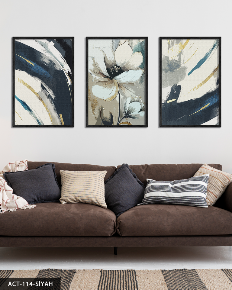 Beyaz Çiçek ve Soyut Sanat 3 Parça Ahşap Çerçeveli Tablo ACT Siyah - 30 x 40 CM