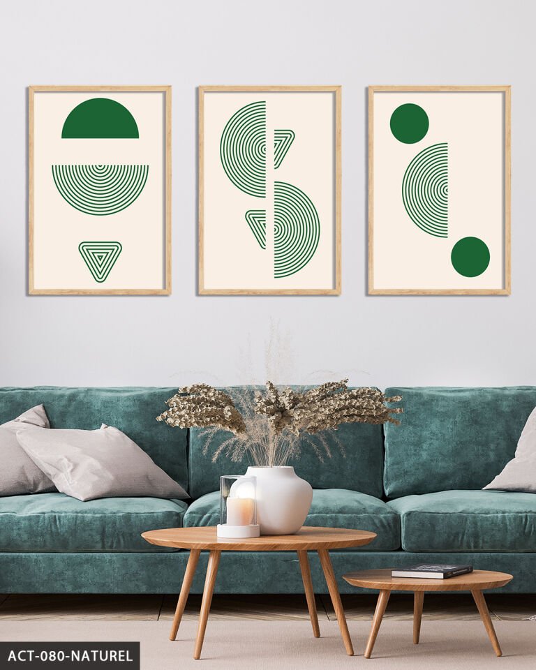 Yeşil Soyut Desen 3 Parça Ahşap Çerçeveli Tablo Naturel - 20 x 30 CM