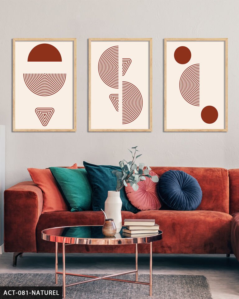 Kırmızı Soyut Desen 3 Parça Ahşap Çerçeveli Tablo Naturel - 20 x 30 CM